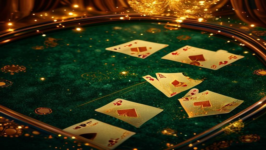 Maha Games casino atmosphere with gold playing cards and emerald felt table